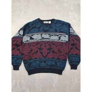 Vintage Urban Works Crewneck Sweater Mens L Blue Red Abstract Leather Trim